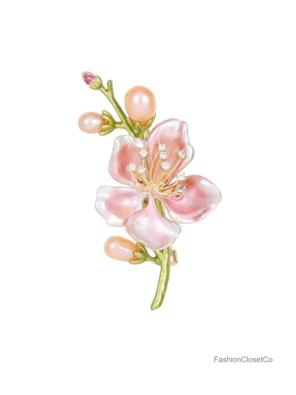 14K Gold Magnolia Brooch Pin Freshwater Pearl Vintage Chinese Style Women